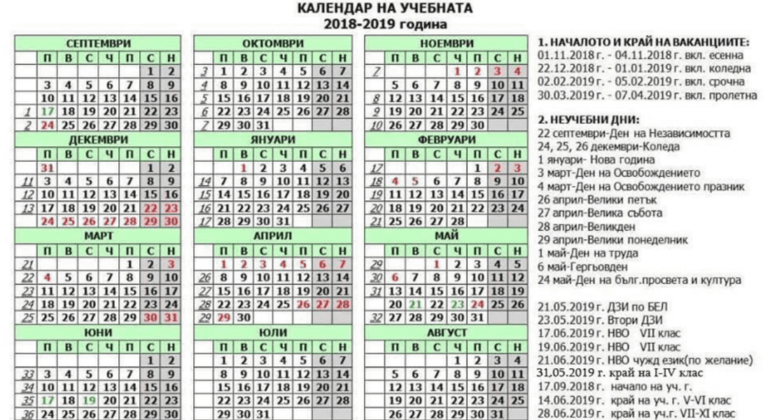 Проект на графика на учебното време и ваканциите за учебната 2018/2019 г.